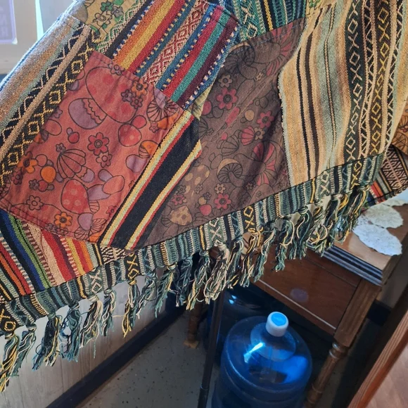 Kathmandu Imports Mushroom Patchwork Fringed Poncho, 100% Cotton, Size S/M? - Picture 9 of 14